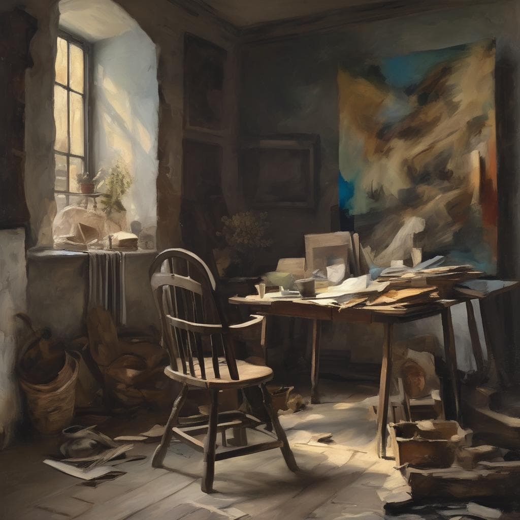 Παλιό γραφείο με πολύ χαρτί και πινέλα, φωτισμένο από παράθυρο, καλύτερος πανδαισία παλιάς τέχνης και αρμονίας.