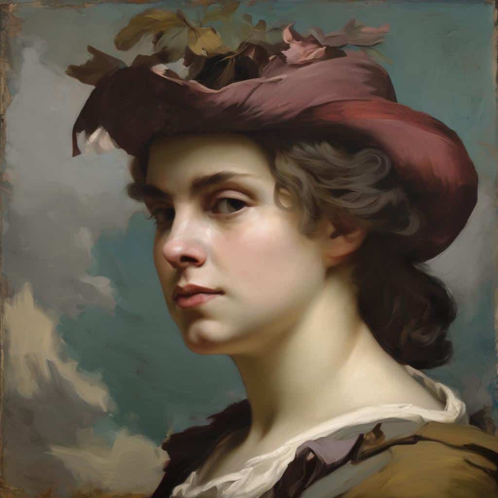 Χαρτογραφημένο πορτρέτο νεαρού άνδρα με καπέλο σε σύγχρονο ζωγραφικό στυλ, αναδεικνύοντας την αρμονία και ασύνθεση στην τέχνη.