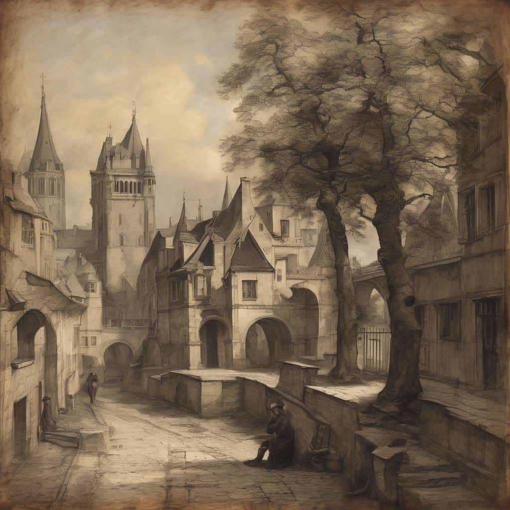 Λοφτ εικόνα με ιστορική αρχιτεκτονική και γέρικα δέντρα σε αστικό τοπίο, επίπεδο χρωμάτων και λεπτομέρειες από παλιά εποχή.